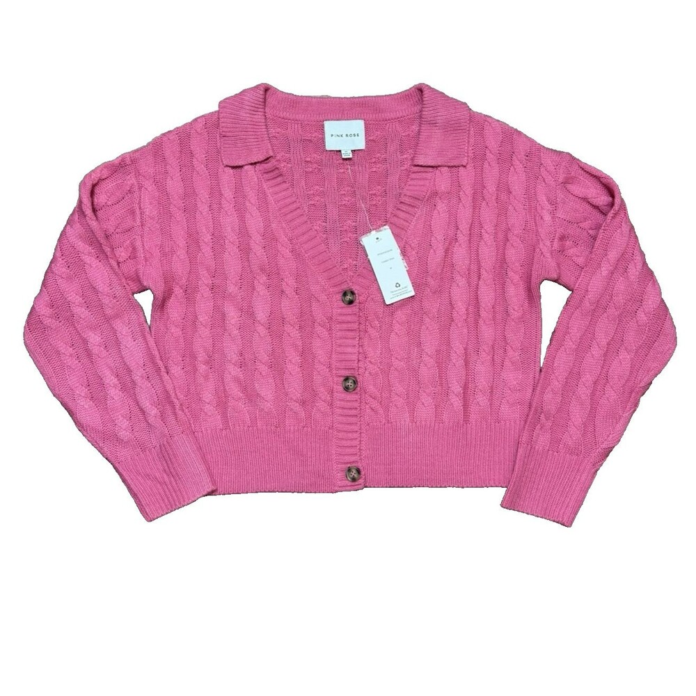 Womens M Cropped Cable Knit Cardigan Pink Button-Up Barbiecore VNeck NWT